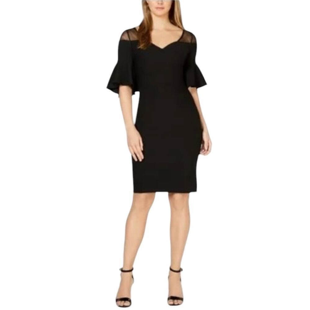 Calvin Klein Black Illusion Ruched Bell Sleeve Cocktail Dress, Women's Size 6 - Picture 3 of 15
